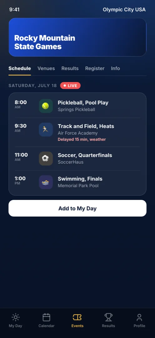 Concept: event page with live schedule and venue details