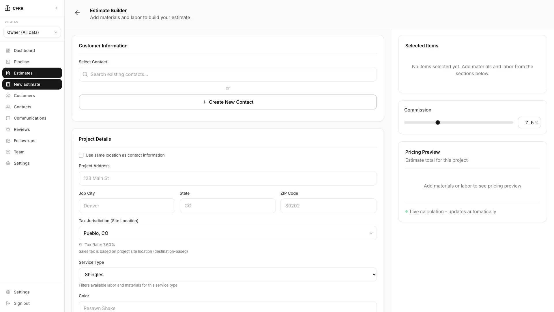 RoofOS estimator interface showing a roofing job with three-tier pricing: Standard, Quality, and Premium, with full line-item breakdown
