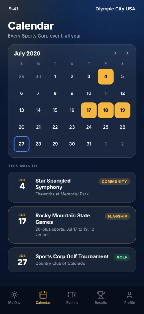 Year-round Sports Corp event calendar showing the Rocky Mountain State Games, Senior Games and Sports Hall of Fame