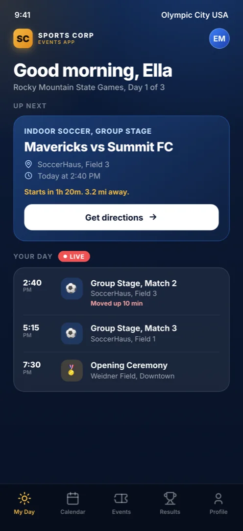 My Day view showing an athlete schedule with sport, venue, time and one-tap directions