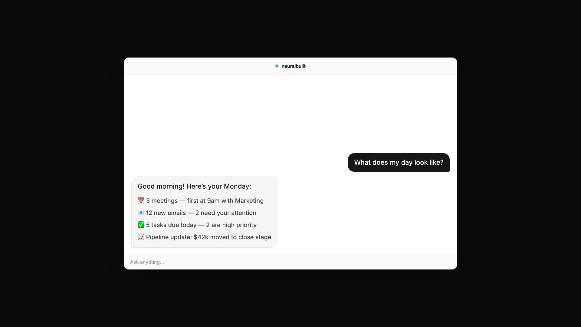 AI command center demo showing morning briefing, tool integration hub, and system status