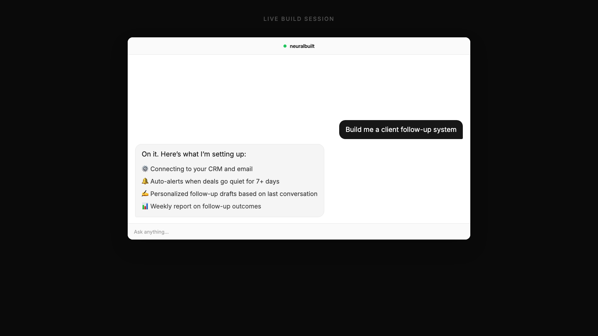 Preview of a live Monday build session showing real AI system development with code, terminal output, and deployment